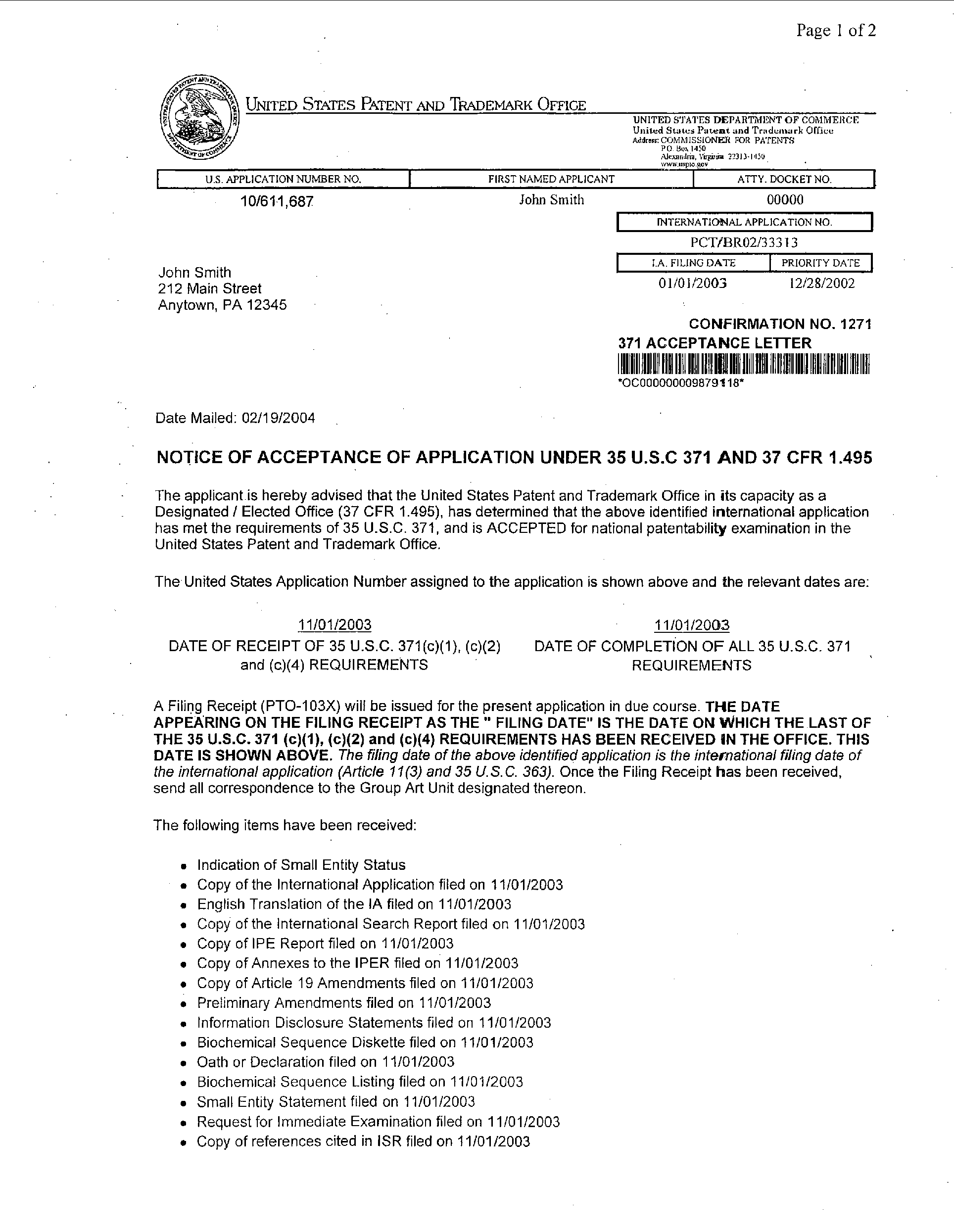 <b>Form PCT Filed Under 35 USC 371</b>