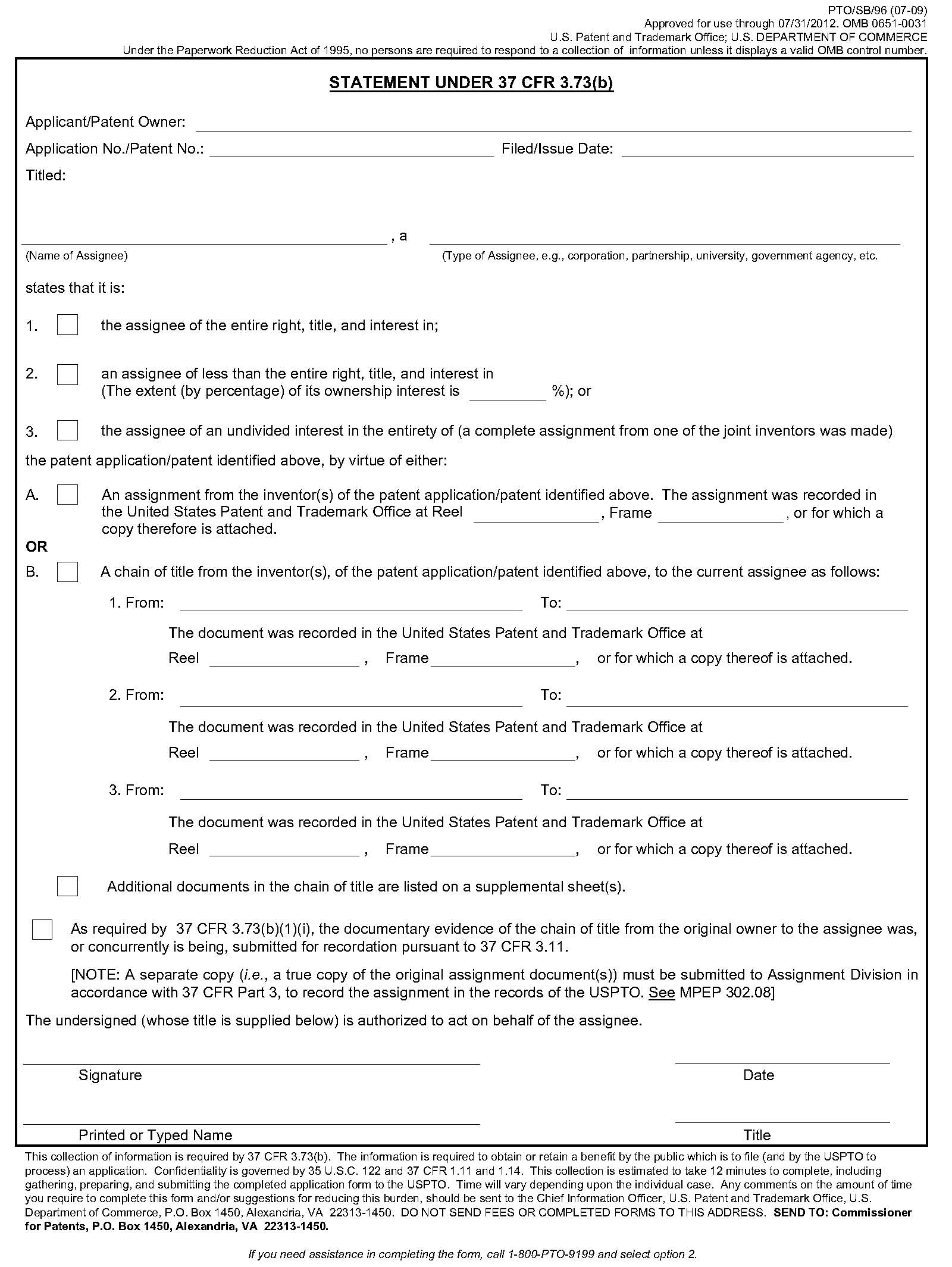 form pto/sb/96. statement under 37 cfr 3.73(b)