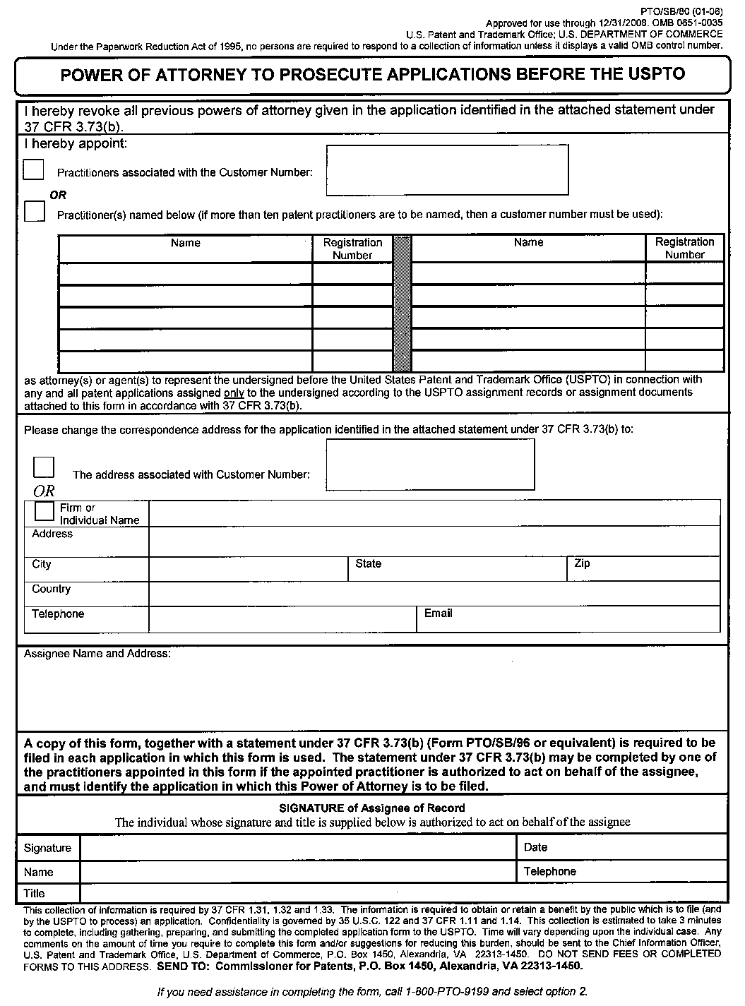 form pto/sb/80 power of attorney to prosecute applications before the uspto