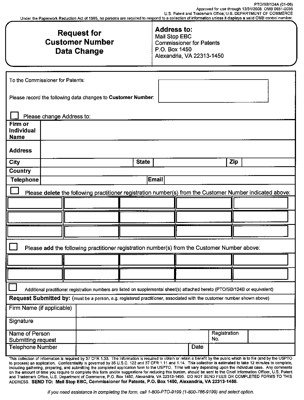 form pto/sb/124a. request for customer number