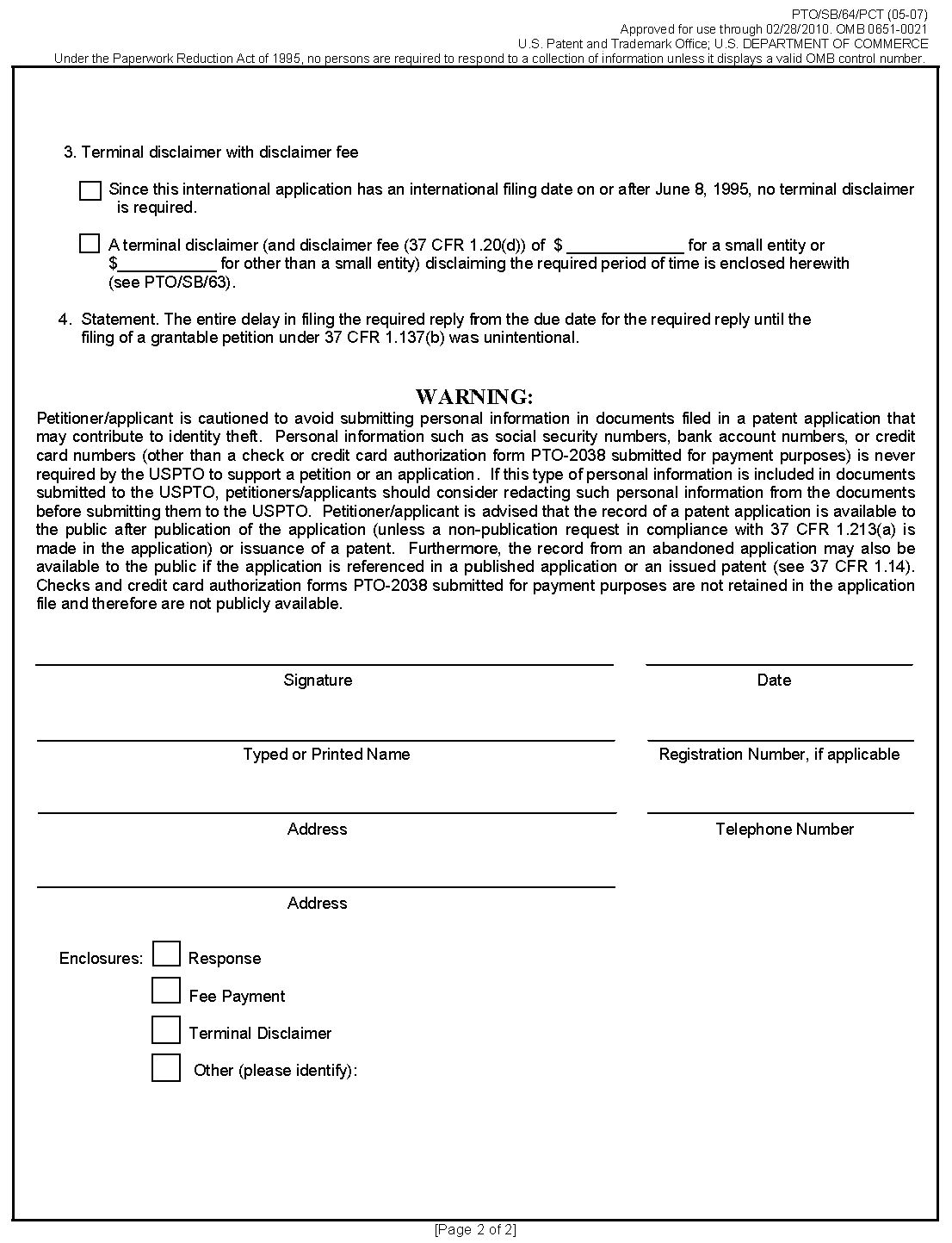 page 2 form pto/sb/64/pct petition for revival of an international application for patent designating the u.s. abandoned intentionally under 37 cfr 1.137(b).