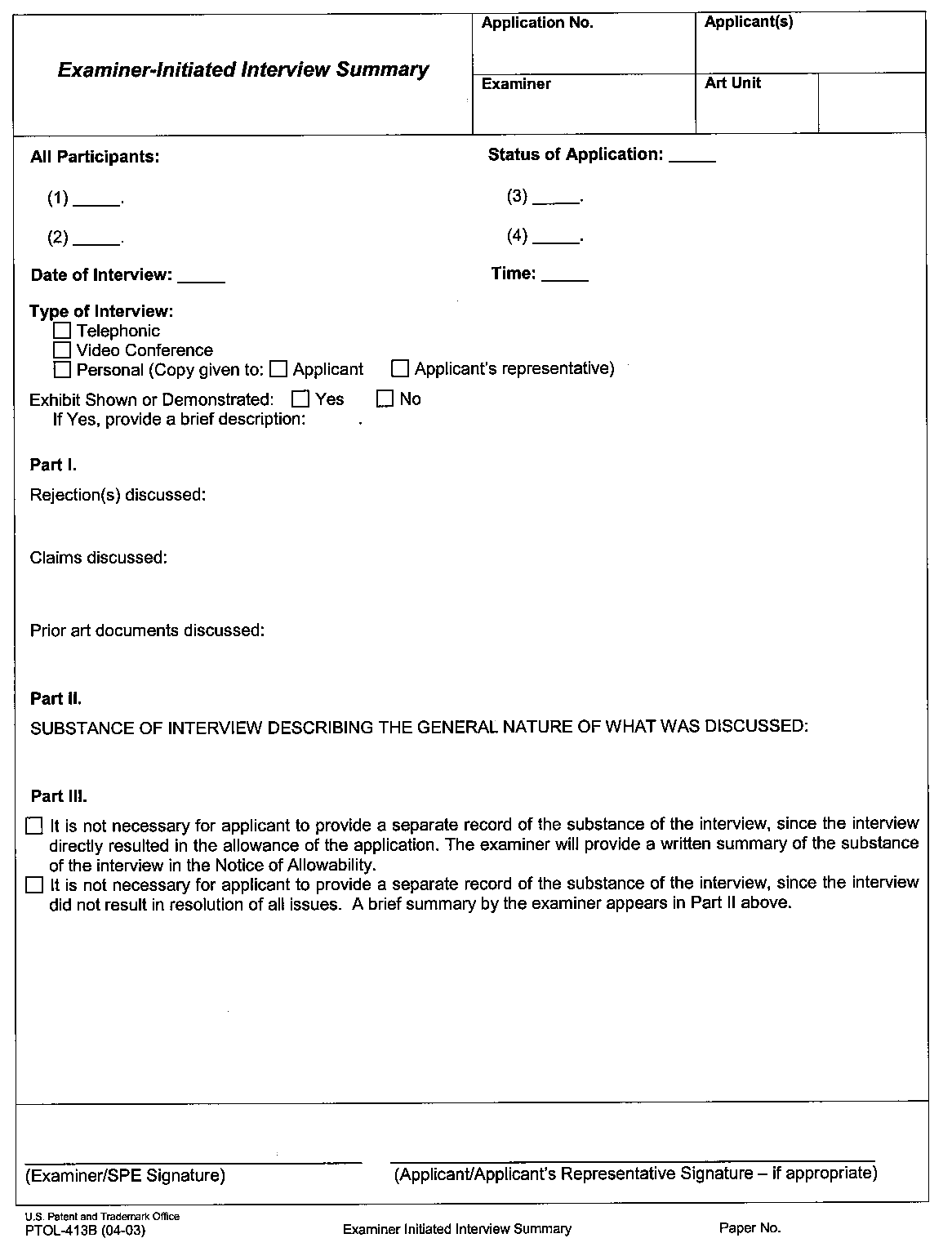 form ptol-413b examiner initiated interview summary 